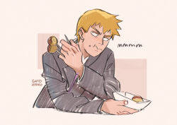 Rule 34 | 1boy, artist name, blonde hair, closed mouth, commentary, eating, english commentary, food, gatoiberico, grey jacket, holding, holding food, jacket, long sleeves, looking to the side, male focus, mob psycho 100, reigen arataka, short hair, simple background, solo, suit jacket, takoyaki, toothpick, upper body