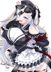 Rule 34 | 1girl, azur lane, bare shoulders, black dress, black gloves, black hat, dress, elbe (azur lane), fang, frilled dress, frills, gloves, hat, kamitsuki shion, layered dress, leotard, long hair, looking at viewer, peaked cap, purple eyes, shiny skin, simple background, skin fang, skindentation, solo, standing, twintails, two-tone dress, very long hair, white background, white dress, white hair, white leotard