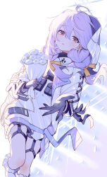 Rule 34 | atsuko (blue archive), backlighting, belt, belt pouch, black gloves, blue archive, bouquet, braid, commentary request, cross-laced clothes, cross-laced sleeves, flower, gloves, halo, highres, holding, holding bouquet, jacket, long sleeves, looking at viewer, low twin braids, lying, nichaku, on side, open clothes, open jacket, open mouth, pouch, purple hair, purple halo, reaching, reaching towards viewer, red eyes, simple background, twin braids, utility belt, white background, white jacket