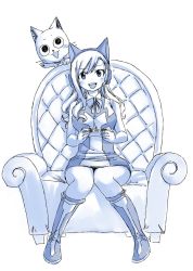 Rule 34 | 1girl, animal ears, bare shoulders, boots, bow, bowtie, breasts, cat, cat ears, chair, controller, eden&#039;s zero, fake animal ears, hair between eyes, happy (eden&#039;s zero), headphones, holding, holding controller, large breasts, looking at viewer, mashima hiro, medium breasts, monochrome, official art, open mouth, rebecca bluegarden, simple background, sitting, sleeveless, solo, teeth, tongue, white background