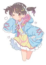 Rule 34 | 1girl, absurdres, belt, blue jacket, bow, bow hairband, brown eyes, brown hair, colored inner hair, cropped legs, frilled sleeves, frills, hair ornament, hairband, hairclip, heart, highres, hood, hood down, hooded jacket, jacket, looking at viewer, multicolored hair, one eye closed, onii-chan wa oshimai!, oyama mihari, purple hair, ranirani (syohousen8), simple background, skirt, sleeves past fingers, sleeves past wrists, standing, translation request, twintails, white background, yellow skirt