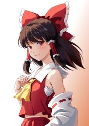Rule 34 | 1girl, absurdres, black hair, bow, chest sarashi, closed mouth, commentary, detached sleeves, english commentary, gradient background, hair bow, hakurei reimu, highres, looking at viewer, medium hair, orange background, red bow, red eyes, red shirt, ribbon-trimmed sleeves, ribbon trim, sarashi, shirt, smacphadraig, solo, touhou, upper body