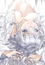 Rule 34 | 1girl, absurdres, bed sheet, blouse, blue eyes, breasts, breasts apart, closed mouth, collarbone, commentary request, curtains, eyes visible through hair, has bad revision, has downscaled revision, highres, kou mashiro, large breasts, long hair, looking at viewer, lying, md5 mismatch, mole, mole under eye, no bra, on back, on bed, open clothes, open shirt, original, resolution mismatch, shirt, silver hair, smile, solo, source smaller, wavy hair