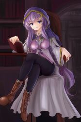 Rule 34 | black pantyhose, boots, crossed legs, highres, namiki (remiter00), pantyhose, patchouli knowledge, sitting, solo, touhou