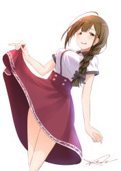 Rule 34 | 1girl, absurdres, ahoge, black ribbon, blush, braid, breasts, brown hair, clothes lift, commentary, from below, highres, idolmaster, idolmaster shiny colors, kuwayama chiyuki, large breasts, long braid, long hair, long skirt, looking at viewer, open mouth, red skirt, ribbon, signature, single braid, skirt, skirt lift, smile, teeth, thighs, wattsu, white background, yellow eyes
