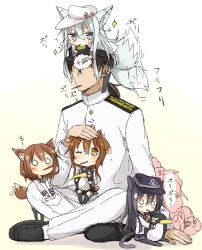 Rule 34 | 10s, 1boy, 4girls, admiral (kancolle), afterimage, akatsuki (kancolle), animal ears, bad id, bad twitter id, bird, black footwear, black hair, black hat, black skirt, black socks, blank eyes, blue eyes, blush, brown eyes, brown hair, buttons, cat ears, cat tail, ears down, eating, empty eyes, failure penguin, flying sweatdrops, folding fan, food, fox ears, fox tail, full body, hair between eyes, hammer and sickle, hand fan, hand on another&#039;s head, hat, headpat, hibiki (kancolle), highres, holding, ikazuchi (kancolle), inazuma (kancolle), indian style, kantai collection, kemonomimi mode, kneehighs, long hair, long sleeves, low ponytail, military, military uniform, mini person, minigirl, miss cloud, motion lines, mouth hold, multiple girls, naval uniform, nonono (mino), o o, on head, one eye closed, pantyhose, penguin, pleated skirt, pocky, school uniform, serafuku, shaded face, shirt, shoes, sidelocks, silver hair, simple background, sitting, sitting on lap, sitting on person, skirt, socks, sparkle, spread legs, star (symbol), tail, tail wagging, tears, thighhighs, uniform, verniy (kancolle), very long hair, white background, white hat, white shirt, zettai ryouiki
