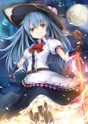 Rule 34 | 1girl, belt, black gloves, blue hair, boots, bow, elbow gloves, food, fruit, full moon, gloves, hat, highres, hinanawi tenshi, long hair, looking at viewer, moon, night, peach, puffy short sleeves, puffy sleeves, red eyes, shirt, short sleeves, skirt, sky, smirk, solo, star (sky), starry sky, sword of hisou, thigh boots, thighhighs, touhou, umagenzin, very long hair