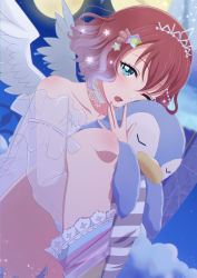 Rule 34 | 1girl, ;), absurdres, alternate hairstyle, angel wings, aqua eyes, artist name, artist request, asymmetrical legwear, back bow, bare legs, bed, blue sky, blush, bow, bow legwear, breasts, center frills, close-up, cloud, collarbone, cross-laced clothes, cross-laced dress, curly hair, detached collar, dress, female focus, frilled dress, frilled legwear, frilled skirt, frills, green eyes, grey legwear, hair between eyes, hair bobbles, hair ornament, half-closed eyes, highres, holding, holding legs, holding stuffed animal, kurosawa ruby, long sleeves, looking at viewer, love live!, love live! school idol festival, love live! school idol festival all stars, love live! sunshine!!, miniskirt, mismatched legwear, moon, nail, nail polish, on bed, one eye closed, outdoors, parted lips, pink nails, plaid, plaid dress, plaid skirt, pleated, pleated dress, pleated skirt, puffy long sleeves, puffy sleeves, rainbow legwear, red hair, ribbon legwear, short hair, sitting, skirt, sky, smile, solo, star (sky), star (symbol), star hair ornament, striped legwear, stuffed animal, stuffed penguin, stuffed toy, sweet little angel (love live!), tiara, white bow, white detached collar, white dress, white legwear, white skirt, white wings, wings, wink