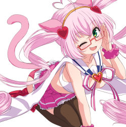 Rule 34 | 1girl, ;d, adjusting eyewear, ahoge, animal ears, ass, blush, boots, breasts, brown thighhighs, cat ears, cat girl, cat tail, cleavage, cleavage cutout, clothes lift, clothing cutout, crop top, fang, frilled skirt, frills, glasses, green eyes, hair between eyes, hair ornament, hand up, heart, heart ahoge, heart hair ornament, highres, long hair, looking at viewer, medium breasts, midriff, nyama, one eye closed, open mouth, panties, pink hair, pink panties, pink scrunchie, pink skirt, pleated skirt, red-framed eyewear, red footwear, ribbon, rosia (show by rock!!), scrunchie, seiza, semi-rimless eyewear, shirt, shoe soles, show by rock!!, simple background, sitting, skirt, skirt lift, smile, solo, striped ribbon, tail, thighhighs, thighhighs under boots, twintails, under-rim eyewear, underwear, very long hair, white background, white shirt, wrist scrunchie