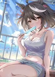Rule 34 | 1girl, ahoge, alternate costume, aqua shorts, arm support, armpit crease, artist name, bare arms, bare shoulders, beach, black hair, blue sky, blush, bob cut, breasts, cloud, cloudy sky, collarbone, commentary, double-parted bangs, fence, food, food in mouth, hair between eyes, hair ornament, hair ribbon, highres, holding, holding food, holding popsicle, kitasan black (umamusume), korokoro nekoz, large breasts, looking at viewer, midriff, mountainous horizon, multicolored hair, navel, ocean, popsicle, popsicle in mouth, red eyes, red ribbon, ribbon, short hair, short shorts, shorts, sitting, sky, solo, stomach, streaked hair, tank top, two-tone hair, two side up, umamusume, white hair, white tank top