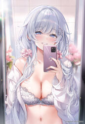 Rule 34 | 1girl, blue eyes, bra, brand name imitation, breasts, cellphone, cleavage, commentary request, flower, hair flower, hair intakes, hair ornament, hairpin, highres, holding, holding phone, indoors, iphone, large breasts, light particles, looking at viewer, low twintails, machi (7769), mirror, mole, mole on breast, navel, off shoulder, open clothes, open shirt, original, phone, reflection, selfie, shirt, smartphone, smile, solo, stomach, tile wall, tiles, twintails, underwear, upper body, white bra, white flower, white hair, white shirt