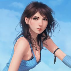 Rule 34 | 1girl, black hair, black ribbon, blue sky, breasts, brown eyes, cleavage, closed mouth, day, final fantasy, final fantasy viii, highres, jewelry, lips, long hair, looking at viewer, medium breasts, miura-n315, necklace, outdoors, parted bangs, ribbon, rinoa heartilly, sky, solo, upper body