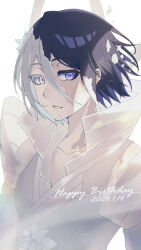 Rule 34 | 1girl, 2024, bankai, black hair, bleach, bleach: sennen kessen-hen, collarbone, colored eyelashes, commentary, dated, dress, eyelashes, floating hair, hair between eyes, hakka no togame (bankai), happy birthday, high collar, highres, ice, kuchiki rukia, looking at viewer, multicolored hair, nose, parted lips, purple eyes, short hair, sidelighting, simple background, solo, sumire 1046, two-tone hair, upper body, white background, white dress, white hair