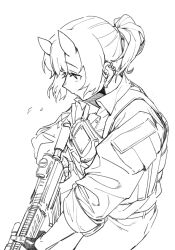 Rule 34 | 1girl, earrings, fingerless gloves, from side, gloves, greyscale, gun, highres, holding, holding gun, holding weapon, horns, jewelry, monochrome, multiple earrings, oni, original, pants, ponytail, rifle, sake goroke, short hair, simple background, skin-covered horns, sleeves rolled up, solo, tactical clothes, weapon, white background