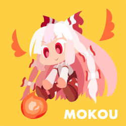 Rule 34 | 1girl, :&gt;, character name, chibi, female focus, fire, fujiwara no mokou, long hair, negidako, no nose, outstretched arms, red eyes, simple background, solo, touhou, wings, yellow background
