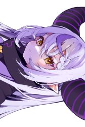 Rule 34 | 1girl, blush, braid, closed mouth, collar, commentary, hair between eyes, highres, hololive, holox, horns, kuramiko, la+ darknesss, long hair, looking at viewer, metal collar, multicolored hair, pointy ears, portrait, purple hair, sideways, sideways glance, silver hair, simple background, solo, streaked hair, striped horns, virtual youtuber, white background, yellow eyes