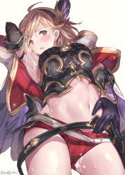 Rule 34 | 1girl, arm guards, arm up, armpits, bad id, bad pixiv id, belt, black gloves, blonde hair, blush, breasts, brown eyes, cape, crop top, cum, cum on body, cum on lower body, djeeta (granblue fantasy), ear piercing, elbow gloves, gloves, granblue fantasy, hair ornament, hairband, highres, looking at viewer, medium breasts, milli little, navel, panties, parted lips, piercing, red panties, short hair, solo, thighs, underwear
