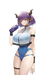 Rule 34 | 1girl, :d, absurdres, alternate costume, animal ears, arknights, arm strap, bare shoulders, blue one-piece swimsuit, blush, bottle, breasts, casual one-piece swimsuit, covered navel, cow ears, cow horns, cowboy shot, crop top, crop top overhang, genera-x, highres, holding, holding bottle, horns, large breasts, one-piece swimsuit, open mouth, parted lips, purple hair, short hair, sideroca (arknights), simple background, smile, solo, swimsuit, thigh strap, white background, yellow eyes
