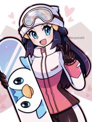 Rule 34 | 1girl, :d, beanie, black hair, blue eyes, blush, character print, creatures (company), dawn (pokemon), eyelashes, game freak, gen 4 pokemon, gloves, goggles, goggles on headwear, hair ornament, hairclip, hat, heart, highres, jacket, long hair, long sleeves, looking at viewer, nintendo, open mouth, pants, piplup, pokemon, pokemon (creature), pokemon dppt, sidelocks, smile, snowboard, solo, tongue, touyarokii, twitter username, v, white hat, zipper pull tab