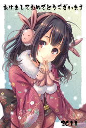 Rule 34 | 10s, 1girl, 2011, akeome, animal ears, brown hair, courreges ace, earmuffs, face, fingerless gloves, gloves, happy new year, head tilt, japanese clothes, kimono, looking at viewer, new year, obi, original, own hands together, rabbit ears, red eyes, sash, short hair, smile, solo, themed object