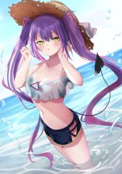 Rule 34 | 1girl, :o, absurdres, bare arms, bikini, bikini shorts, black shorts, blue sky, blush, breasts, cleavage, clothing cutout, cloud, demon tail, green eyes, halterneck, hat, higashigure, highres, hololive, horizon, in water, long hair, looking at viewer, multicolored hair, navel, ocean, open mouth, outdoors, piercing, purple hair, shorts, side cutout, sidelocks, sky, small breasts, solo, straw hat, streaked hair, swimsuit, tail, tail ornament, tail piercing, tokoyami towa, triangle, twintails, very long hair, virtual youtuber, wading, water, water drop, wet, wet clothes, wet swimsuit