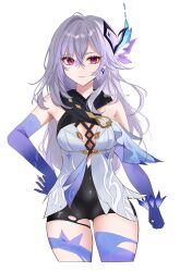 Rule 34 | 1girl, absurdres, bare shoulders, black shorts, blue gloves, blue thighhighs, breasts, cleavage, commentary, cowboy shot, cropped legs, earrings, elbow gloves, genshin impact, gloves, grey hair, hair ornament, high-waist shorts, highres, hotaboshi yazuki, jewelry, long hair, looking at viewer, medium breasts, purple eyes, shorts, skirk (genshin impact), solo, standing, thighhighs, thighs, very long hair, yaduki100