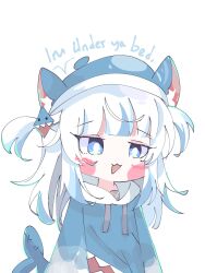 Rule 34 | 1girl, animal costume, animal ear fluff, animal ears, blue eyes, blue hair, blue headwear, blue hoodie, blunt bangs, blush stickers, bright pupils, cat ears, chibi, english text, fins, fish tail, gawr gura, gawr gura (1st costume), grey hair, hair ornament, highres, hololive, hololive english, hood, hood down, hoodie, koyoinacho, long hair, long sleeves, looking at viewer, multicolored hair, open mouth, shark costume, shark girl, shark hair ornament, shark tail, sidelocks, simple background, smile, solo, streaked hair, tail, two side up, upper body, variant set, virtual youtuber, white background, white pupils