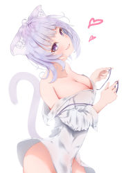 Rule 34 | 1girl, :3, absurdres, ahoge, animal ears, bare shoulders, bottomless, breasts, cat ears, cat girl, cat tail, cleavage, collarbone, collared shirt, cowboy shot, dress shirt, from side, hatenashun422, heart, highres, hololive, hololive gamers, large breasts, looking at viewer, naked shirt, nekomata okayu, nekomata okayu (oversized shirt), no bra, no panties, no pants, open mouth, partially unbuttoned, purple eyes, purple hair, ribbon, shirt, short hair, smile, solo, tail, virtual youtuber, white shirt