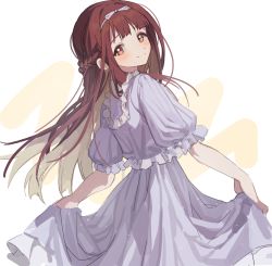 Rule 34 | 1girl, absurdres, blunt bangs, blunt ends, blush, bow, braid, dress, french braid, frilled dress, frilled sleeves, frills, hair bow, hairband, hano9789, highres, holding, holding clothes, holding dress, idolmaster, idolmaster million live!, long hair, looking at viewer, looking back, puffy short sleeves, puffy sleeves, red hair, short sleeves, simple background, smile, solo, striped clothes, striped dress, tanaka kotoha