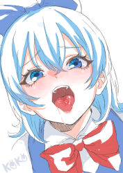 Rule 34 | 0002koko, 1girl, absurdres, artist name, blue bow, blue dress, blue eyes, blue hair, blush, bow, cirno, collared shirt, commentary request, dress, furrowed brow, hair bow, highres, long hair, looking at viewer, neck ribbon, open mouth, red ribbon, ribbon, saliva, sexually suggestive, shirt, simple background, solo, tearing up, tears, teeth, tongue, tongue out, touhou, upper body, upper teeth only, white background, white shirt