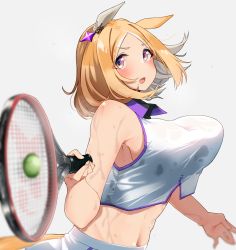 Rule 34 | 1girl, animal ears, ball, bare shoulders, blonde hair, blurry, blush, bouncing breasts, breasts, crop top, depth of field, ear covers, from side, horse ears, horse girl, horse tail, komb, large breasts, midriff, multicolored eyes, narita top road (umamusume), navel, open mouth, parted bangs, racket, see-through silhouette, shirt, sideboob, sleeveless, sleeveless shirt, solo, sportswear, sweat, tail, taut clothes, taut shirt, tennis, tennis ball, tennis racket, tennis uniform, umamusume, upper body