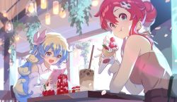 Rule 34 | + +, 2girls, bare shoulders, bow, cellphone, collared shirt, contemporary, crepe, cross-shaped pupils, detached sleeves, drinking straw, eating, food, food on face, fruit, hair ornament, holding, holding food, holding phone, lens flare, long hair, looking at viewer, looking back, misossu, multicolored hair, multiple girls, nia teppelin, open mouth, petals, phone, ribbon, shirt, sitting, skull hair ornament, smartphone, smile, strawberry, symbol-shaped pupils, table, taking picture, tengen toppa gurren lagann, white shirt, yoko littner