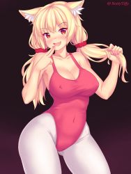 Rule 34 | 1girl, animal ear fluff, animal ears, blonde hair, blush, breasts, cat ears, cleavage, commentary, covered erect nipples, covered navel, english commentary, finger to mouth, gluteal fold, gradient background, highres, large breasts, leotard, long hair, looking at viewer, nail polish, nottytiffy, open mouth, original, pantyhose, red eyes, red leotard, smile, solo, tiffy (nottytiffy), twintails, white pantyhose