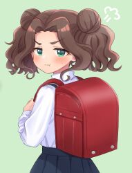 Rule 34 | 1girl, :t, alternate hairstyle, angry, backpack, bag, blue skirt, blush, brown hair, double bun, from behind, fume, green background, green eyes, hair bun, hand up, highres, holding strap, idolmaster, idolmaster cinderella girls, idolmaster cinderella girls starlight stage, kahiika, kusakabe wakaba, long hair, long sleeves, looking at viewer, looking back, pleated skirt, randoseru, shirt, simple background, skirt, solo, standing, suspender skirt, suspenders, sweatdrop, thick eyebrows, twintails, v-shaped eyebrows, wavy hair, white shirt