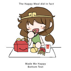Rule 34 | 1girl, brown hair, commentary, english commentary, english text, food, french fries, frills, happy meal, long hair, mata (matasoup), mcdonald&#039;s, meme, open mouth, shirt, simple background, solo, son biten, touhou, tray, twintails, unfinished dream of all living ghost