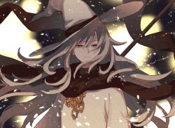 Rule 34 | brown scarf, deegoo, frown, grey eyes, hat, long hair, looking at viewer, miracera master of the magic institute, outdoors, pixiv fantasia, pixiv fantasia last saga, robe, scarf, staff, upper body, white hair, white robe, wind, wizard hat