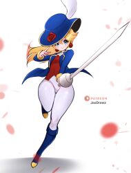 Rule 34 | 1girl, blonde hair, blue eyes, blue hat, earrings, flower, hat, hat feather, highres, holding, holding sword, holding weapon, jaxdrawz, jewelry, long hair, low ponytail, mario (series), nintendo, official alternate costume, official alternate hairstyle, pants, ponytail, princess peach, princess peach: showtime!, rose, smile, solo, sword, swordfighter peach, weapon, white pants
