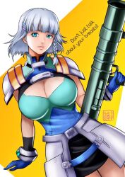 Rule 34 | 1girl, artist request, blue eyes, braid, breasts, cleavage, gloves, grey hair, hair ornament, hairclip, large breasts, looking at viewer, seolla schweizer, short hair, side braid, solo, super robot wars, super robot wars original generation