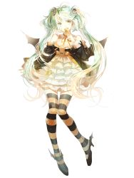 Rule 34 | 1girl, bad id, bad pixiv id, bat wings, goodman (modapi95), green eyes, green hair, halloween, hatsune miku, highres, long hair, matching hair/eyes, simple background, skirt, solo, striped clothes, striped thighhighs, thigh gap, thighhighs, twintails, very long hair, vocaloid, white background, wings