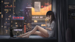 Rule 34 | 1girl, alcohol, animal, barefoot, beer, black hair, brown eyes, cat, catzz, cityscape, commentary, cup, curtains, drinking glass, highres, long hair, original, portrait, rain, sitting, solo, tongue, tongue out, window