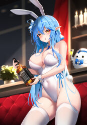 Rule 34 | 1girl, :o, absurdres, animal ears, bare shoulders, blue hair, blue necktie, blush, bottle, breasts, candle, covered navel, cowboy shot, creature, cup, drinking glass, elf, fake animal ears, fake tail, hairband, half updo, highres, holding, holding bottle, hololive, indoors, large breasts, leotard, long hair, looking at viewer, multicolored hair, necktie, open mouth, plant, playboy bunny, pointy ears, potted plant, rabbit ears, rabbit tail, skindentation, solo, strapless, strapless leotard, streaked hair, tail, thighhighs, tun chicken, two-tone hair, very long hair, virtual youtuber, white hairband, white leotard, white thighhighs, window, wrist cuffs, yellow eyes, yukihana lamy, yukimin (yukihana lamy)