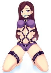Rule 34 | 1girl, arms behind back, ball gag, barefoot, bdsm, blush, bondage, bound, bound wrists, bra, breasts, brown hair, caitlyn (league of legends), gag, gagged, handsofmidaz, highres, large breasts, league of legends, long hair, looking at viewer, panties, restrained, solo, underwear, underwear only