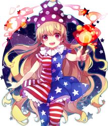 Rule 34 | 1girl, :d, aiming, aiming at viewer, american flag dress, american flag legwear, american flag shirt, asymmetrical legwear, blonde hair, blush, clownpiece, cowboy shot, dress, fairy wings, hat, head tilt, highres, holding, holding weapon, jester cap, long hair, looking at viewer, magic, mismatched legwear, neck ruff, open mouth, pantyhose, purple eyes, short sleeves, smile, solo, space, star (symbol), star print, striped clothes, striped dress, striped pantyhose, suzuna (mark of luck), teeth, torch, touhou, very long hair, wand, weapon, wings