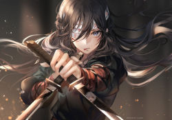Rule 34 | 1girl, a maru, arm guards, bandaid, bandaid on face, black hair, blood, blood from mouth, blood on face, blue eyes, blue tunic, commentary request, cuts, dual wielding, fighting stance, hair between eyes, holding, holding sword, holding weapon, injury, long hair, looking at viewer, ninja, original, sword, weapon
