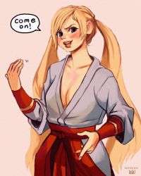 Rule 34 | 1girl, beckoning, blonde hair, blue eyes, breasts, cherushi, cleavage, collarbone, come at me bro, cosplay, dougi, english text, fatal fury, geese howard, geese howard (cosplay), hakama, hakama skirt, highres, japanese clothes, lips, long hair, looking at viewer, lucky chloe, medium breasts, no bra, nose, parted lips, plunging neckline, red hakama, signature, skirt, solo, source request, tekken, tekken 7, the king of fighters, twintails, vambraces, very long hair