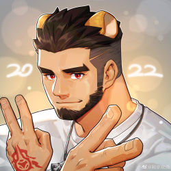Rule 34 | 1boy, 2022, absurdres, alca (wakatanka4), animal ears, profile picture, bara, beard, black hair, casual, command spell, commission, double v, facial hair, gyee, highres, lion boy, lion ears, looking at viewer, male focus, mature male, original, peterhl, red eyes, shirt, short hair, smile, solo, thick eyebrows, undercut, upper body, v, white shirt