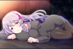 Rule 34 | 1girl, blurry, blurry background, blush, braid, breasts, clenched hands, commentary request, felicette (marfusha), hair between eyes, hair ornament, large breasts, long hair, looking at viewer, lying, marfusha, on floor, open mouth, pantyhose, purple eyes, purple hair, shimane no norainu, side braid, solo, uniform