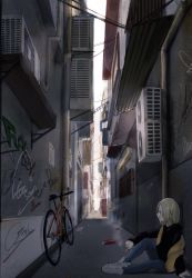 Rule 34 | 1girl, alley, arm support, bicycle, black shirt, blonde hair, blue pants, can, cigarette, closed mouth, commentary request, condenser unit, crying, denim, ear piercing, elbow on knee, from side, graffiti, highres, holding, holding cigarette, jeans, long sleeves, original, pants, piercing, profile, sako (35s 00), scarf, shirt, shoes, short hair, sitting, smoke, solo, tears, white footwear