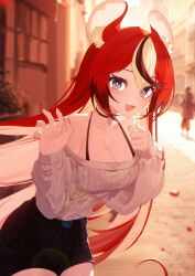 Rule 34 | 1girl, absurdres, animal ears, black shorts, blue eyes, blurry, blurry background, breasts, casual, choker, cleavage, hakos baelz, heart, heart choker, highres, hololive, hololive english, jiang ye kiri, long hair, medium breasts, mouse ears, multicolored hair, off-shoulder sweater, off shoulder, pink nails, shorts, streaked hair, sweater, twilight, virtual youtuber