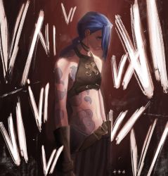 Rule 34 | 1girl, absurdres, blue hair, cloud tattoo, deerwhisky, from side, highres, jinx (league of legends), league of legends, midriff, serious, sleeveless, solo